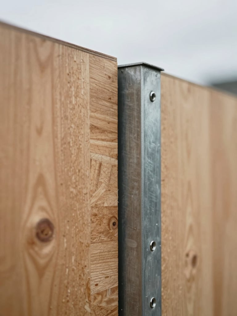 Extreme close-up of a modular wall junction showing raw plywood panel meeting a steel connector bracket, soft overcast daylight raking across the surface to reveal wood grain and precise machined edges, architectural detail study composition, no people, no staging