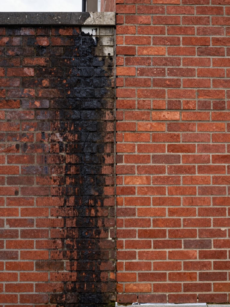 Close split before-and-after of a Longueuil residential brick wall: left half dark with black mould streaks and grime, right half freshly pressure-washed showing clean red brick under flat overcast daylight, sharp dividing line down the centre