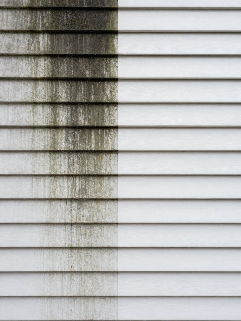 Split before–after of a residential vinyl siding facade in the Rive-Sud: left half shows dark grey-green mold streaks and cobwebs on white vinyl panels under overcast daylight; right half shows the same panels gleaming clean and bright after pressure washing, true color, no filter