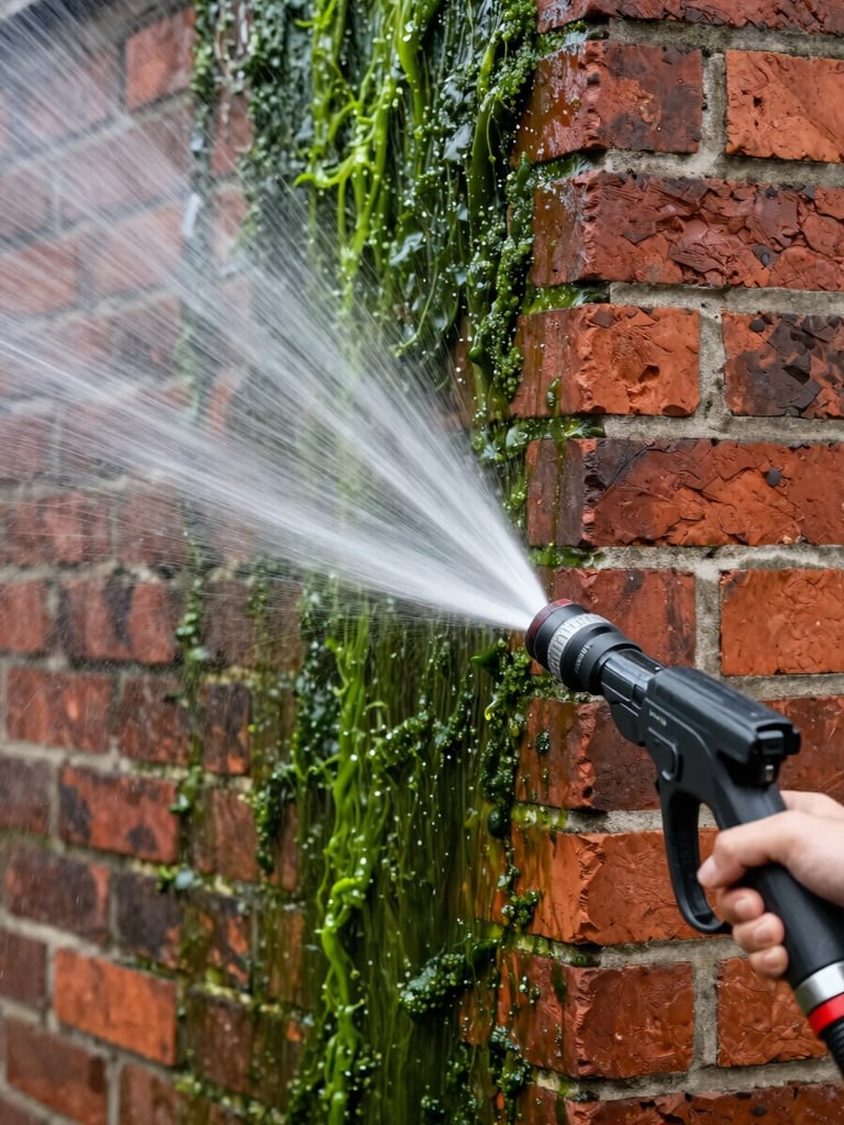 Close-up of a pressure-washing wand blasting green algae off a red-brick wall in overcast daylight, water spray sharp and bright, clean brick strip visible on the right side of the frame