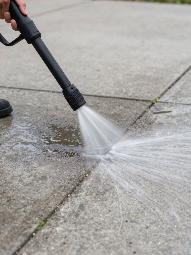 Close-up of a professional pressure washer nozzle inches above a concrete driveway surface, overcast daylight, water jet visible cutting through an oil stain, before side still dark with grime, after side pale clean concrete