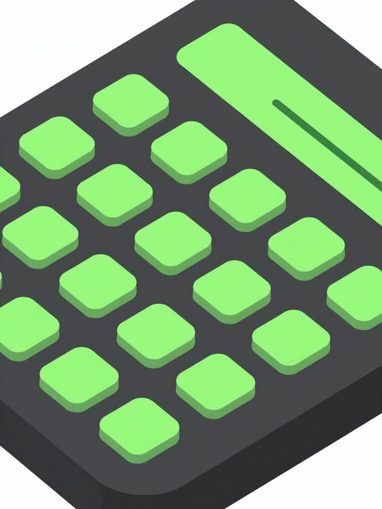 A macro close-up of a vintage mechanical calculator key array, flat digital-backlit illumination, high-contrast slate and neon green, clean geometric lines.