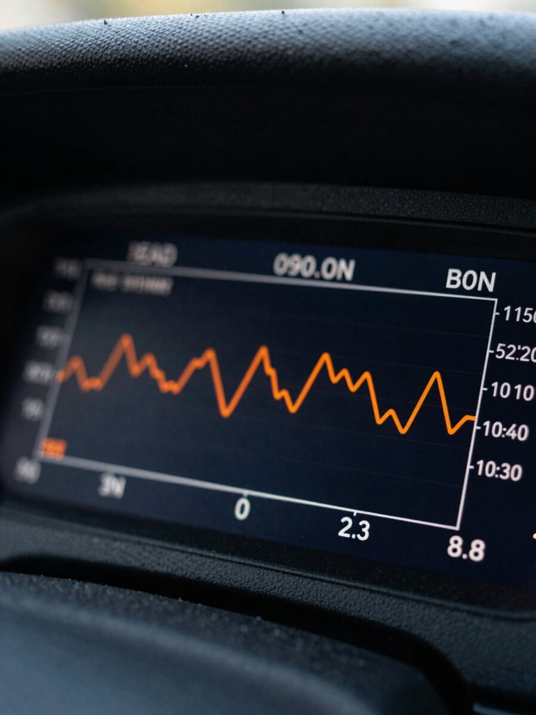 Macro shot of a dark dashboard screen showing real-time lead conversion metrics and sharp safety-orange data lines under direct morning sunlight.