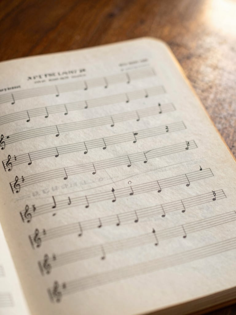Close-up of old hymn book sheet music with delicate handwritten pencil fingering marks, warm ambient lighting, soft focus