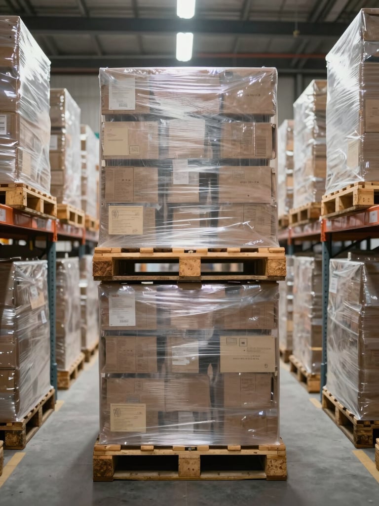 Straight-on architectural shot of a clean, brightly lit UK distribution center warehouse with neatly stacked pallets and shrink-wrapped inventory ready for dispatch.