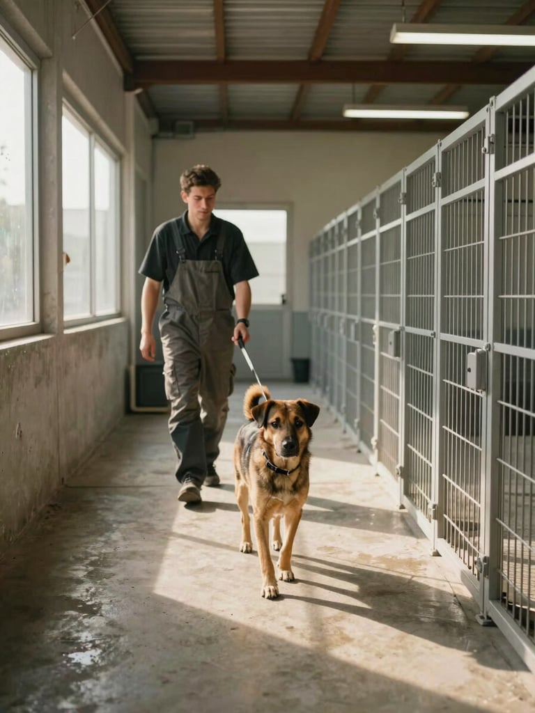 Wide environmental shot inside a dog boarding facility in warm morning light, a handler in work clothes guiding a medium-sized rescue dog on a leash down a concrete-floored corridor, kennel gates visible on the right, natural daylight streaming through a side window