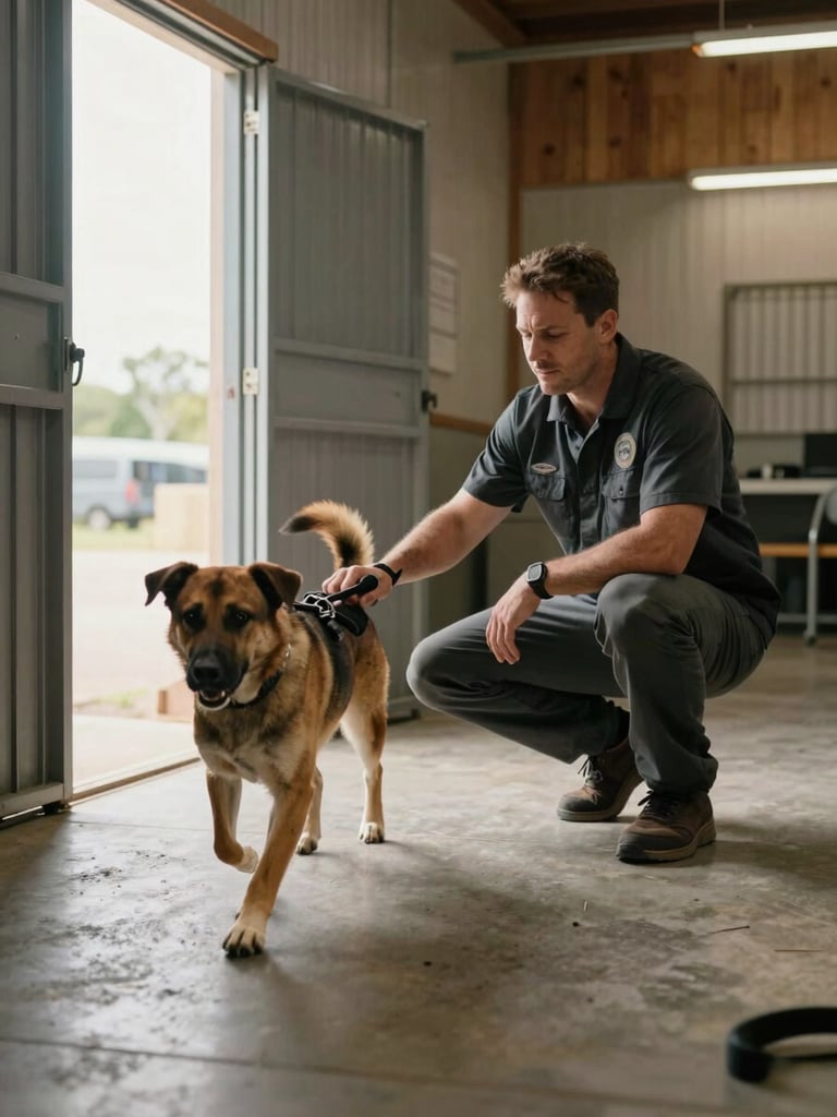 Medium-wide shot inside a boarding facility, a handler crouched at ground level with a medium-sized dog on a lead, the dog mid-stride toward the handler, natural light pouring through open kennel doors onto a concrete floor, wooden wall panels visible in background