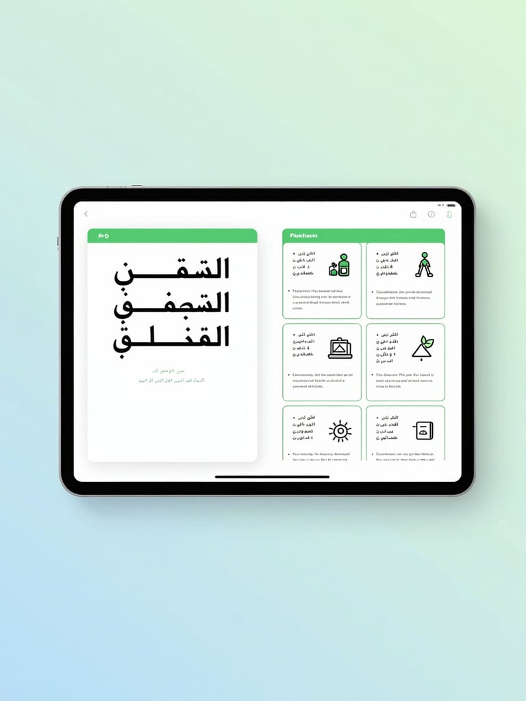 A minimalist digital mockup of an iPad showing an Arabic educational PDF on the left and AI-generated flashcards and summaries on the right, clean studio lighting with soft green and blue accents, 35mm