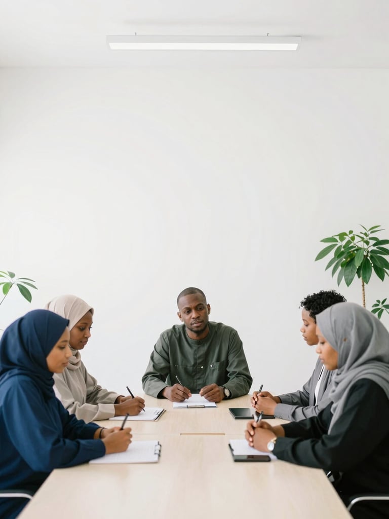 A minimalist editorial portrait of Sudanese educators collaborating around a table in a bright, modern office with soft green plants, high-key natural daylight, 35mm