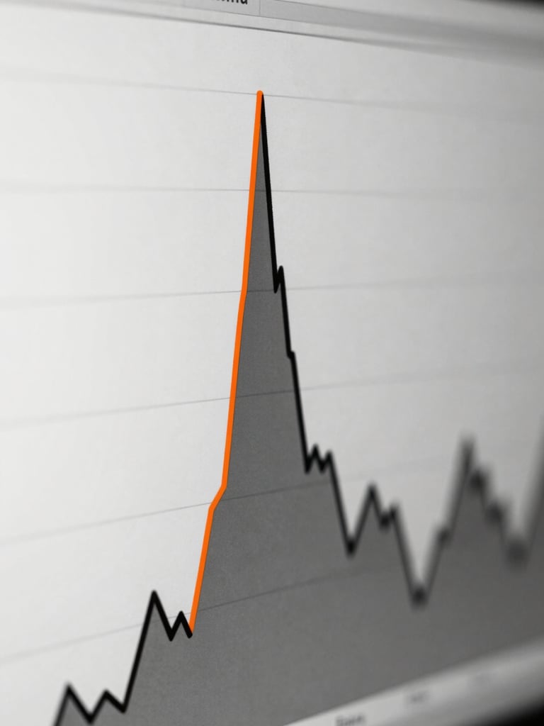 High-contrast screenshot of an analytics dashboard showing a sharp vertical conversion spike, monochrome with neon orange highlight line, crisp details