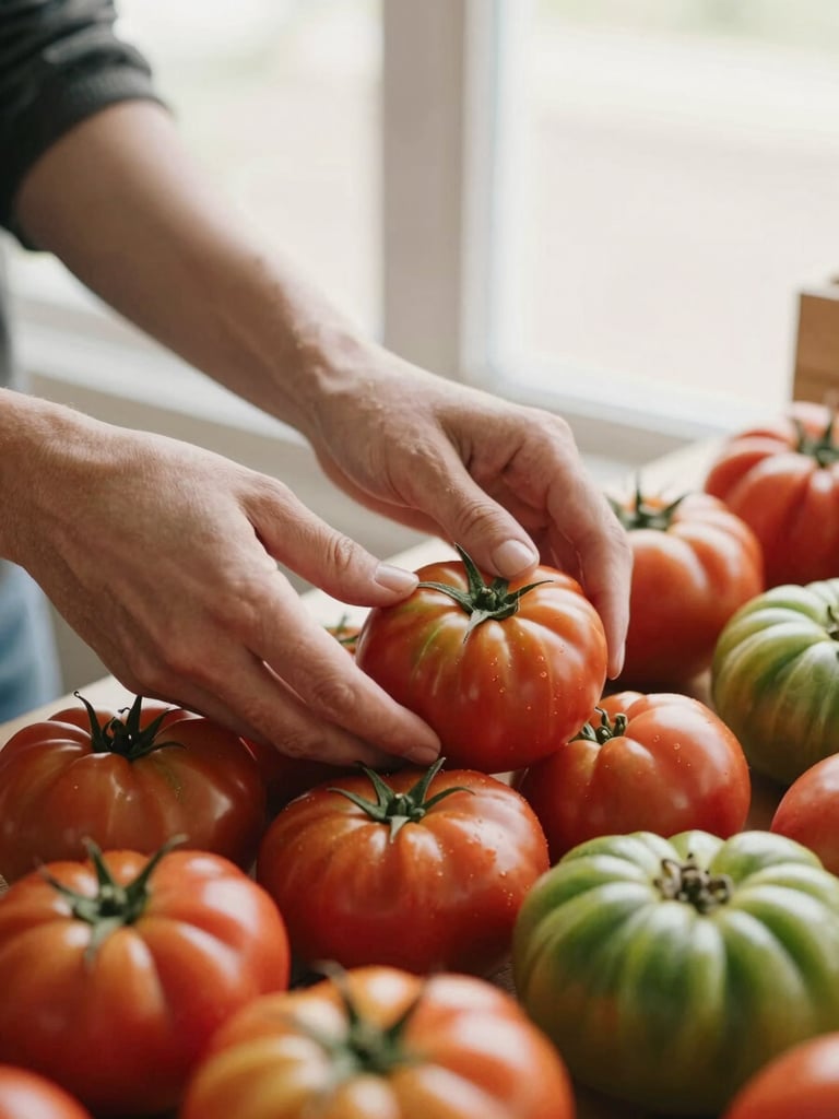Close-up of hands arranging colorful organic heirloom tomatoes at a market stall, soft morning overcast light, warm editorial style, shallow depth of field.