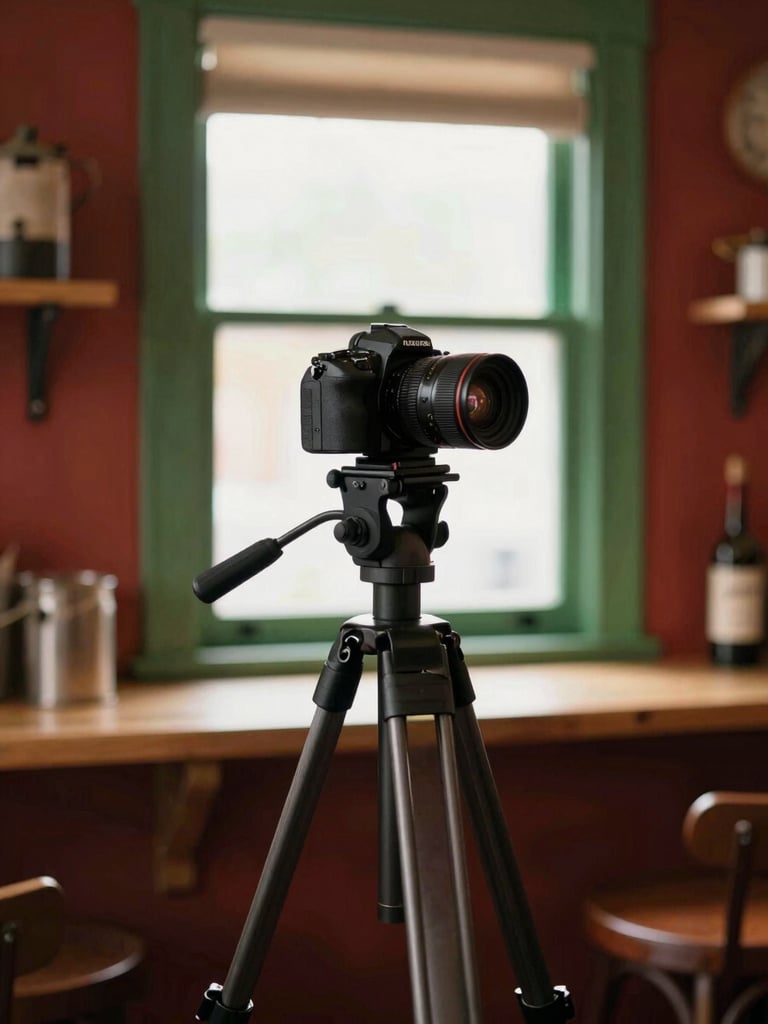 A professional camera on a vintage tripod set up in a rustic restaurant kitchen, warm natural light spilling from a window