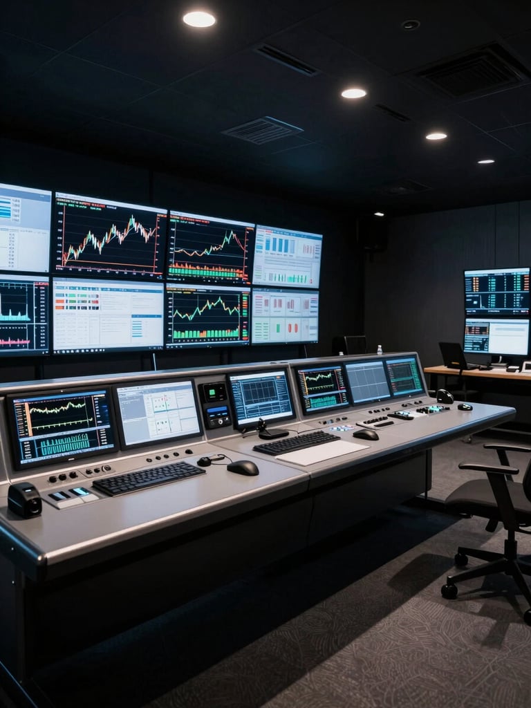 Cinematic wide-angle shot of a high-end broadcast control room, cool silver highlights, deep shadows, multiple glowing monitors showing financial graphs, professional technical gear, low-key dramatic studio lighting.