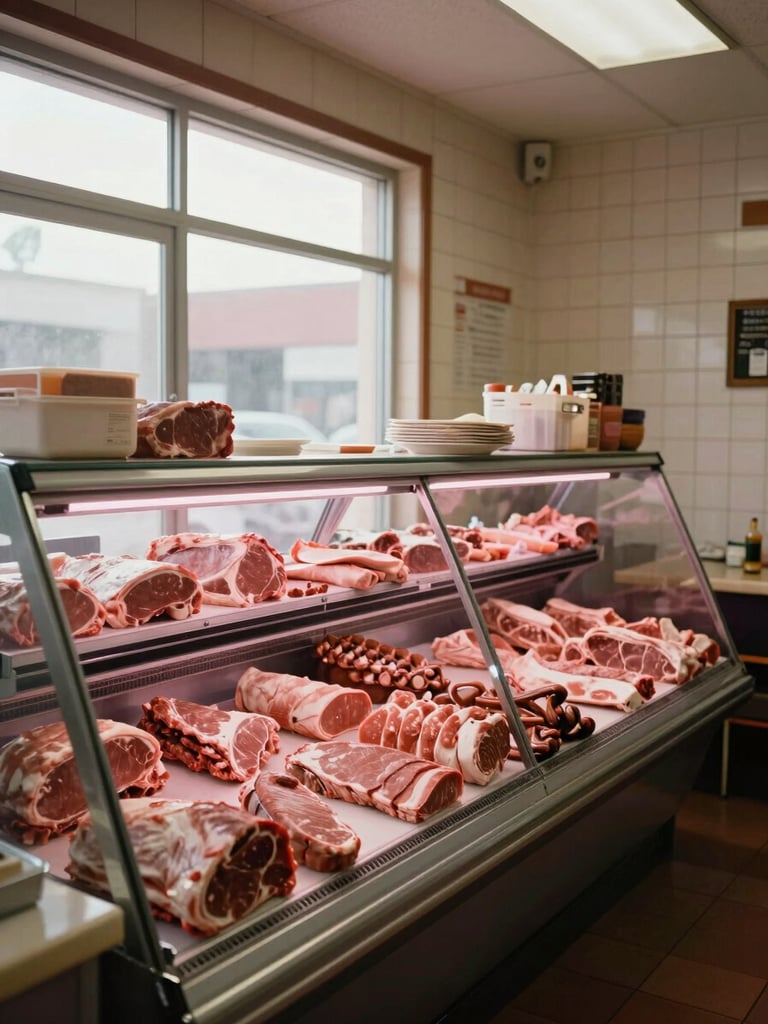 Wide interior shot of a butcher shop counter bathed in warm natural daylight from a side window, full display case visible with fresh cuts arranged in rows, the far wall and tiled surfaces of an honest neighborhood shop — no people, no staging, shot from slightly above counter height