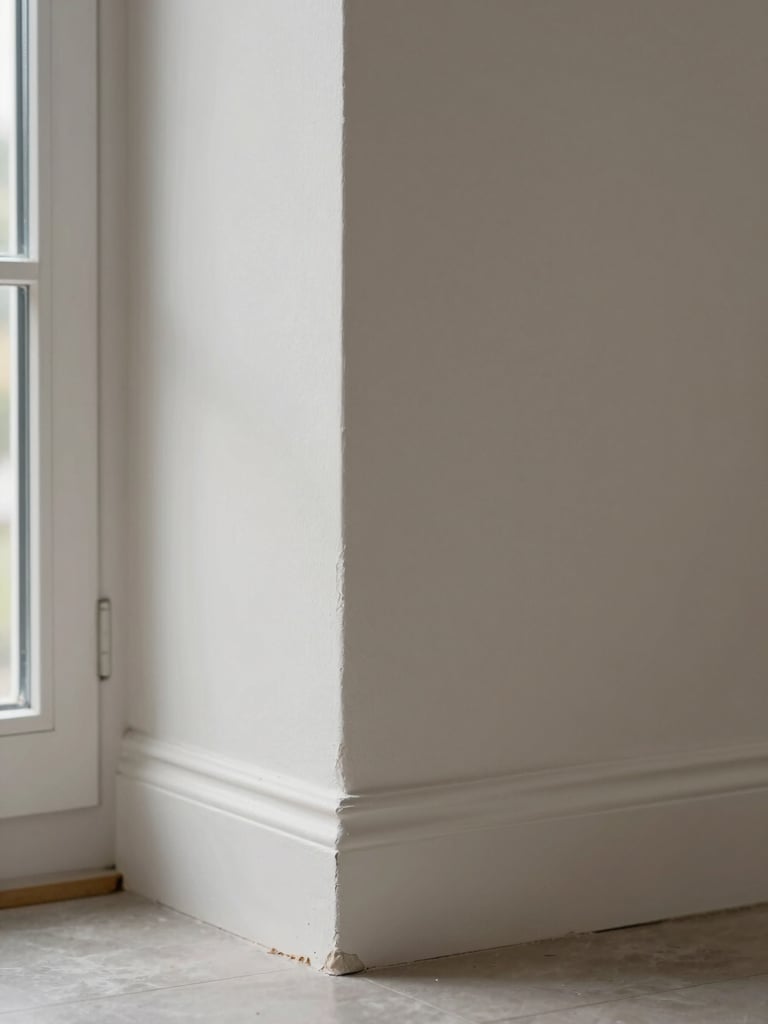 Close-up of freshly painted interior wall meeting baseboards, clean caulk line visible at the floor trim, natural window light from the left, matte finish surface detail sharp in foreground