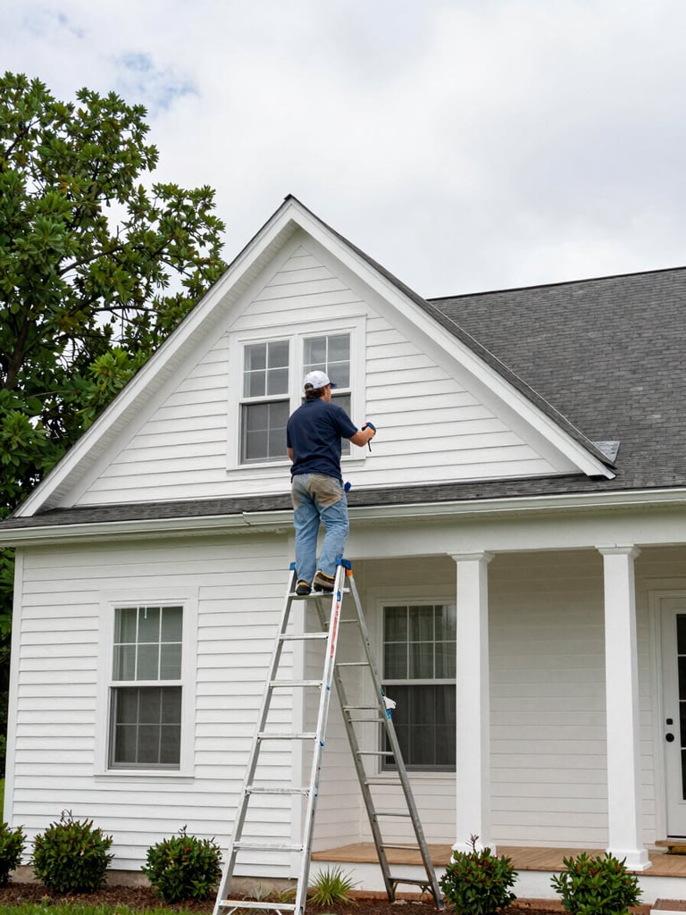 Wide environmental shot of a suburban Virginia home exterior, painter on a ladder at the second-story fascia board, overcast natural daylight, freshly painted white siding visible below, no filters