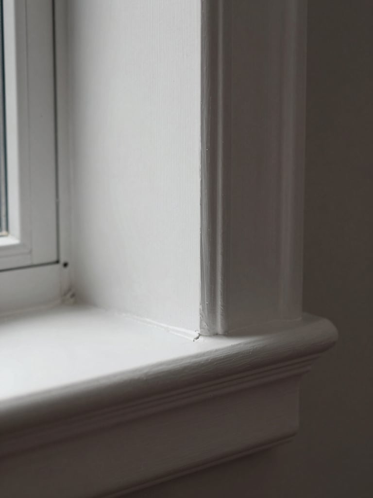 Extreme close-up of a freshly painted interior window trim corner, clean caulk line visible where trim meets wall, natural daylight from the side revealing crisp edge and smooth topcoat finish, neutral gray wall surface in background