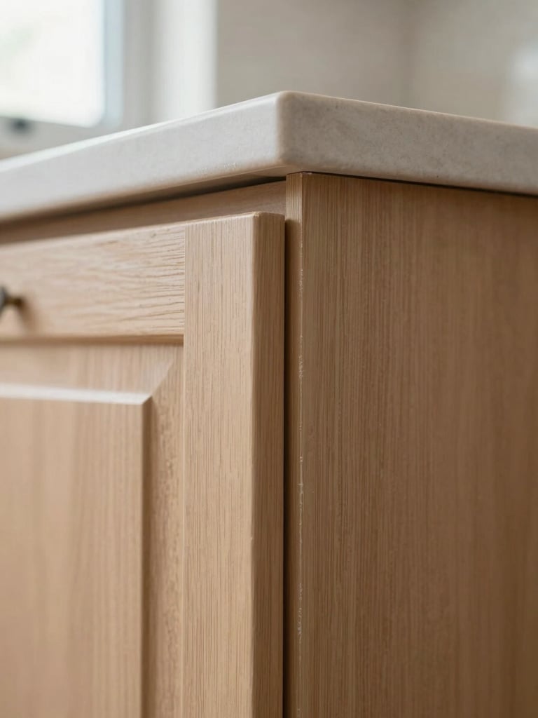 Extreme close-up of kitchen cabinet door corner showing clean joint fill and smooth sanded surface under natural window light, before-refinish bare wood grain just visible through fresh primer coat