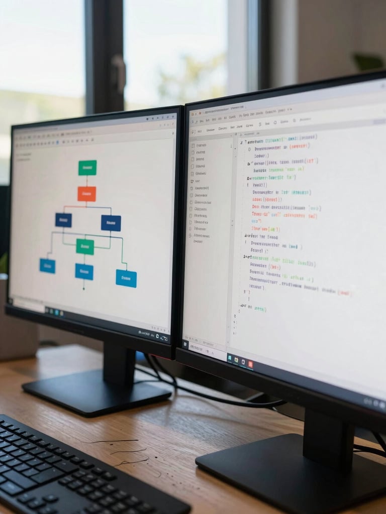Wide close-up of a dual-monitor workstation showing a system architecture diagram on one screen and clean application interface code on the other, controlled daylight from a side window revealing sharp screen detail, keyboard and annotation notes visible at the bottom edge