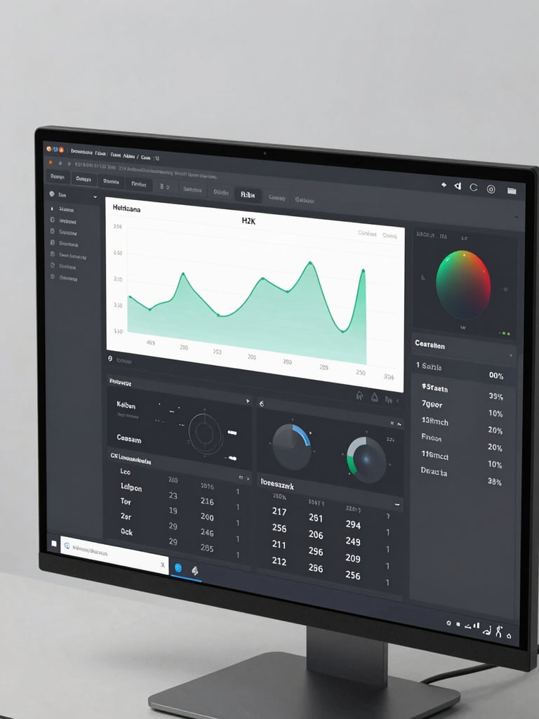 Close-up of a high-fidelity product dashboard rendered on a large monitor, interface showing data visualization charts and navigation components, clean studio lighting from the left, screen fills the frame edge-to-edge with no background clutter