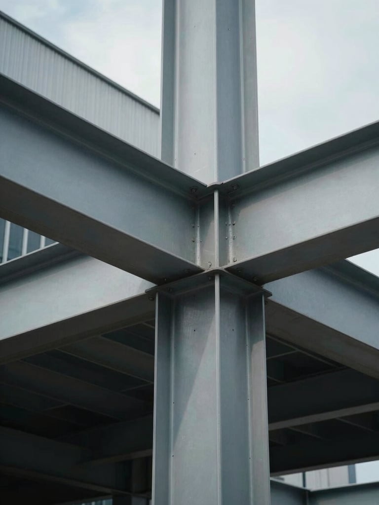 Close-up of structural steel joints in a modern architectural building, cool overcast daylight casting sharp shadows.