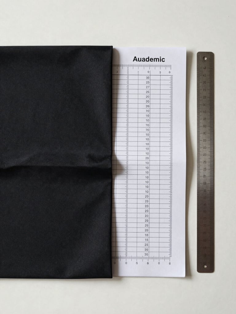 Overhead flat-lay on a clean off-white surface: an open academic sizing chart with precise measurement annotations, a fabric swatch of black graduation gown material, and a steel ruler aligned to the edge — studio north-facing light, sharp shadows, no hands visible