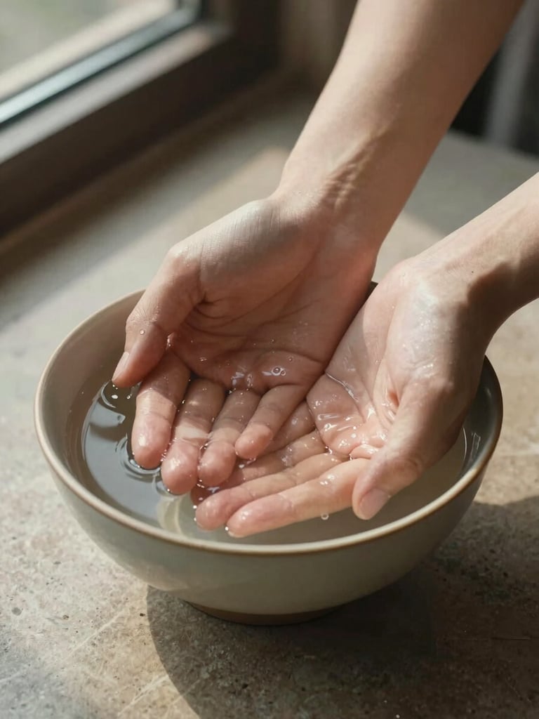Close-up of a woman's hands cupping still water in a ceramic bowl, soft north-facing window light casting gentle shadows across skin and water surface, warm stone texture visible beneath