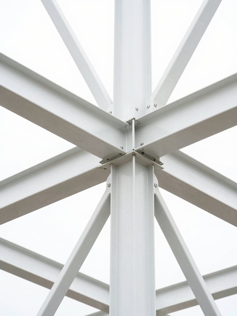 Extreme close-up of structural joints and steel truss connections, clean white studio lighting, sharp technical focus.