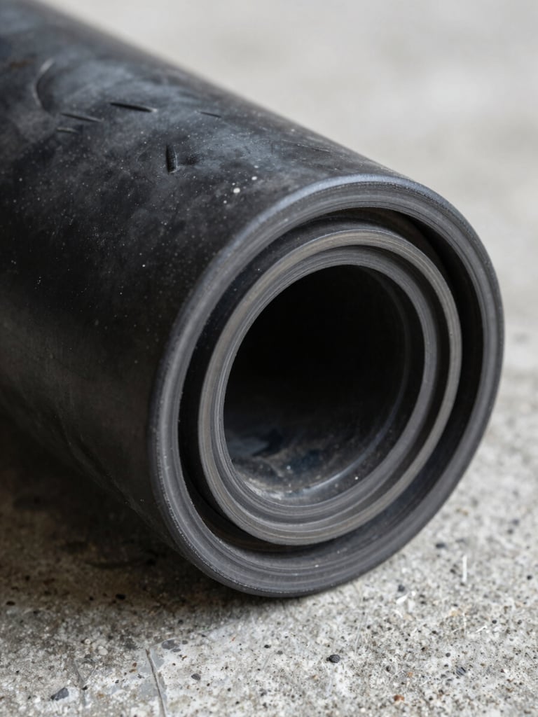 Extreme close-up of a cured industrial rubber seal cross-section on a concrete surface, cool north-facing studio light revealing compound texture and tool marks, metallic gray tones with black depth