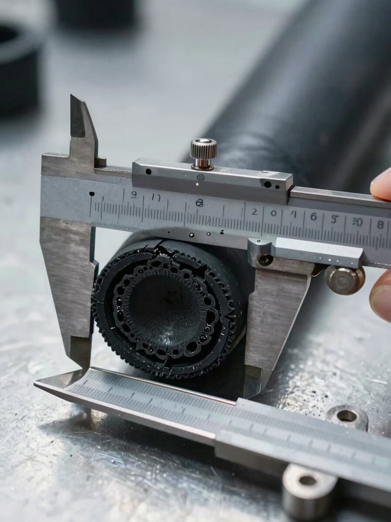 Close-up of a rubber compound cross-section being inspected under industrial caliper on a steel table, cool north-facing daylight, fractured black rubber surface revealing internal structure, metallic gray tools