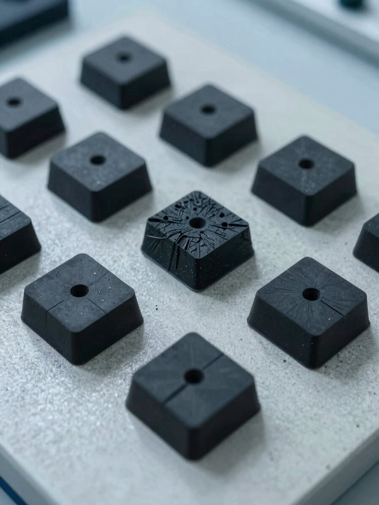 Overhead laboratory shot of rubber compression test specimens arranged in a grid on a concrete surface, cool north-facing daylight, tool marks and material deformation visible, no people