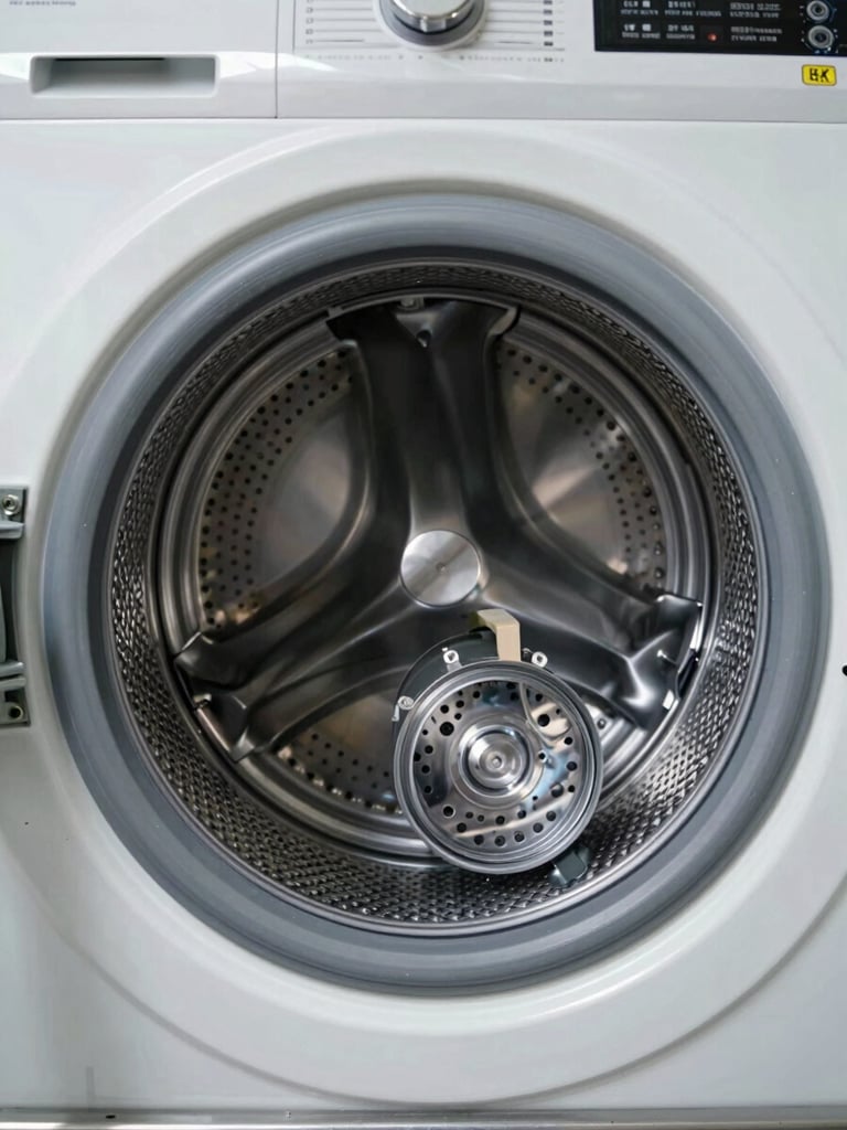 Close-up overhead shot of a disassembled washing machine drum and motor components laid out on a steel workshop bench, bright even lighting, no shadows, technical documentation framing