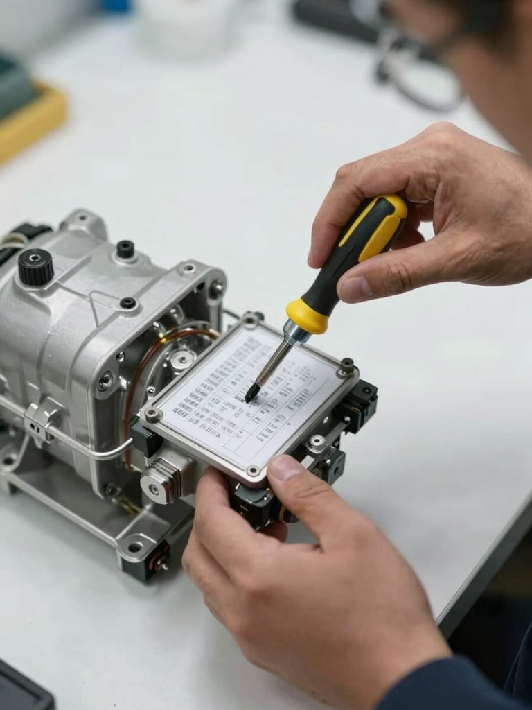 Close-up overhead shot on bright workshop surface, technician hands removing refrigerator compressor cover with a precision screwdriver, component labeling clearly visible under even studio lighting