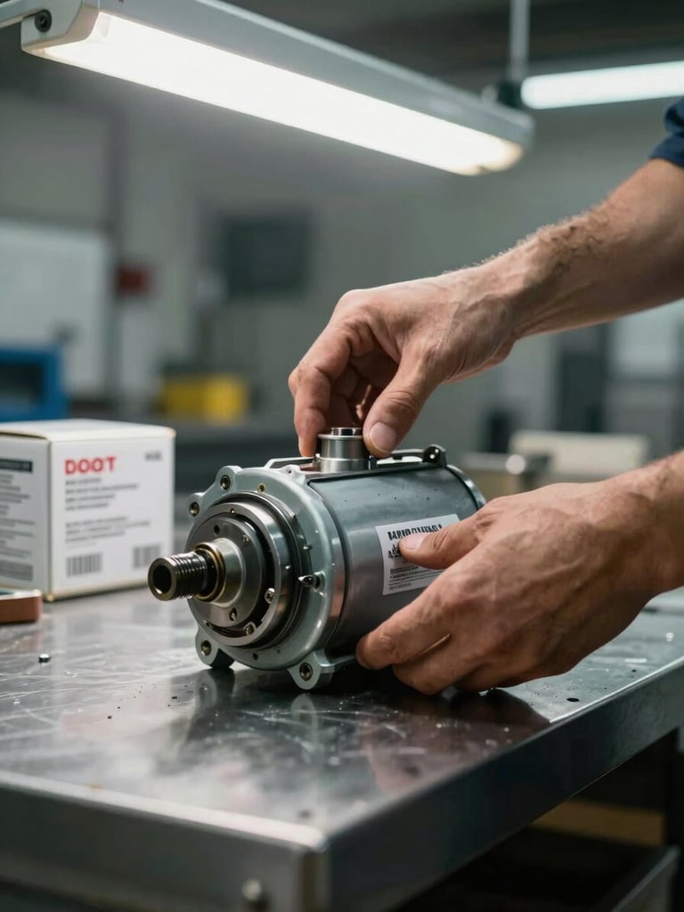 Tight shot of a technician's hand placing a genuine OEM appliance part — a sealed motor component in its manufacturer packaging — onto a clean steel workshop bench under bright overhead lighting