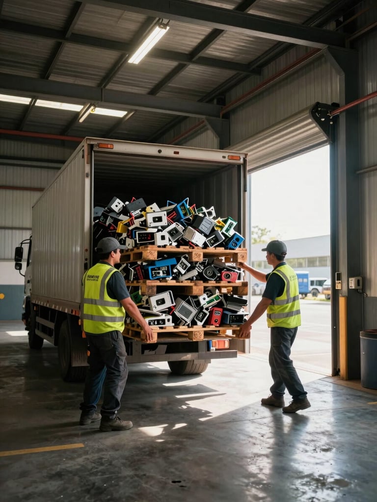 Wide environmental shot inside a loading bay, two workers in hi-vis vests loading pallets of bulk electronic scrap onto a truck, daylight streaming through open bay doors on the right, industrial warehouse depth, high contrast overhead lighting