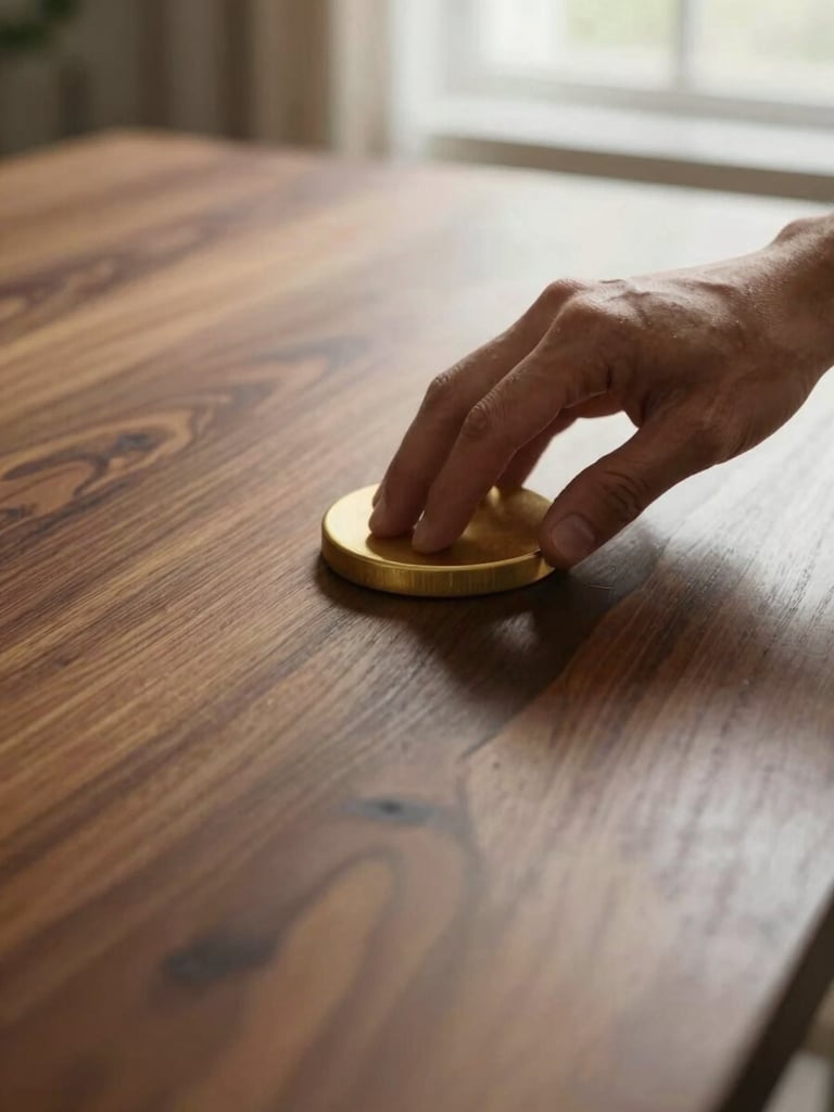 Close-up of a hand gently polishing a rich walnut wood table, warm natural window light reflecting off the grain, soft focus, 35mm