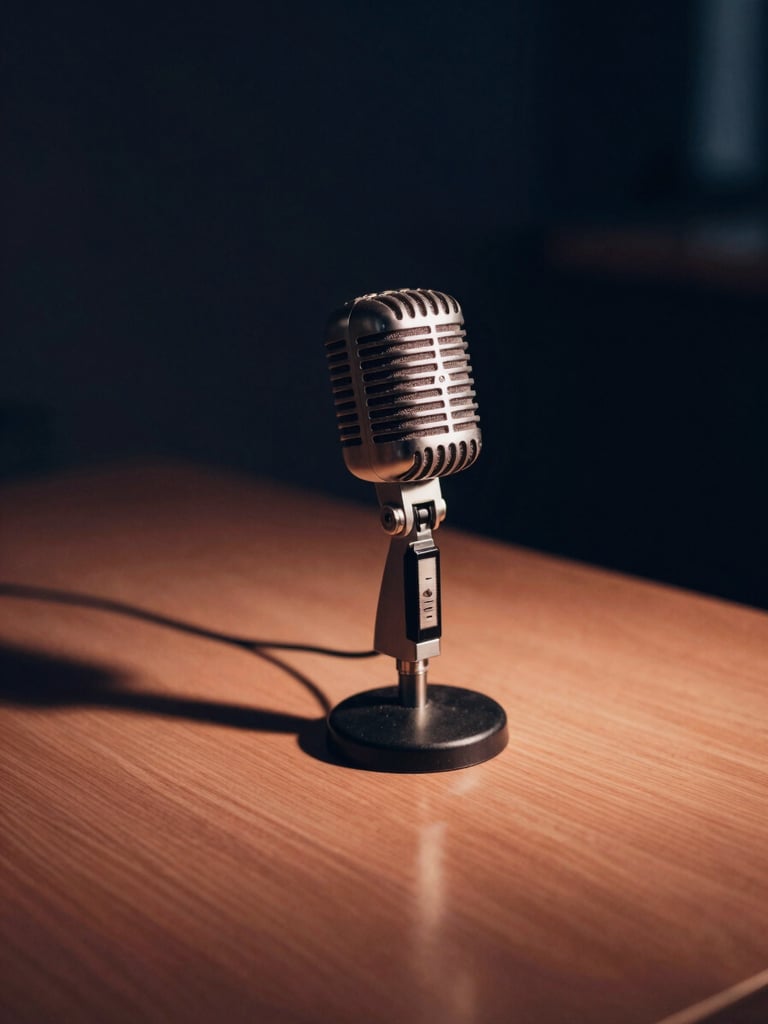 Portrait-oriented image of a vintage studio microphone casting a long shadow on an empty desk, moody directional studio lighting, deep shadows, warm copper tones, shallow depth of field, 35mm