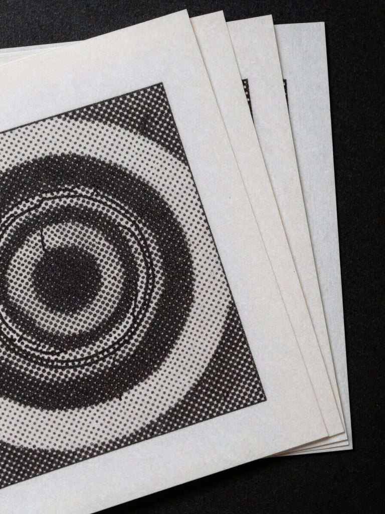 Extreme close-up overhead flat-lay of printed color proof sheets fanned across a matte black surface, raked side-light revealing ink sheen and paper grain, one sheet showing a halftone rosette detail at 1:1 magnification, deep shadow at edges
