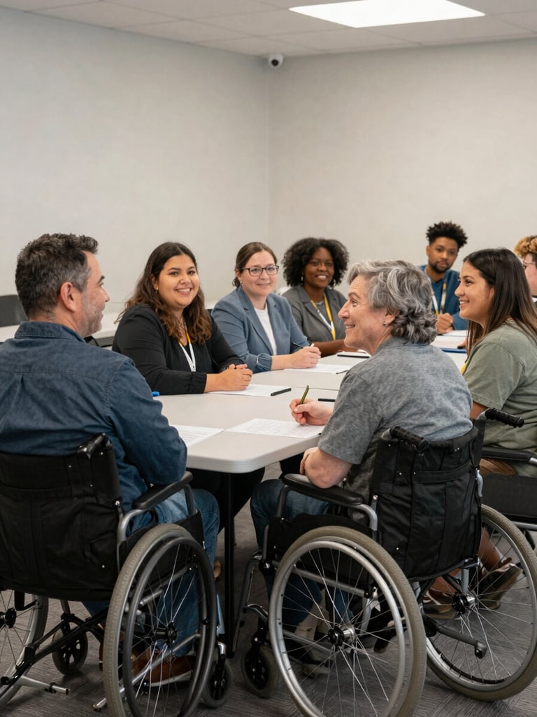 A medium shot of a diverse group of community members, including a person using a wheelchair, smiling and collaborating around a table at a brightly lit local town hall meeting.