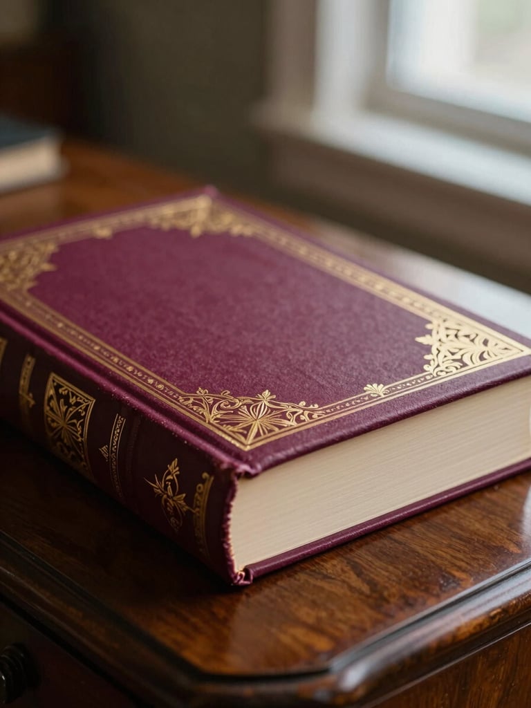 A close-up of a beautifully bound hardcover book with intricate gold foil detailing on a deep plum cover, resting on an antique desk, warm dramatic lighting, 35mm.