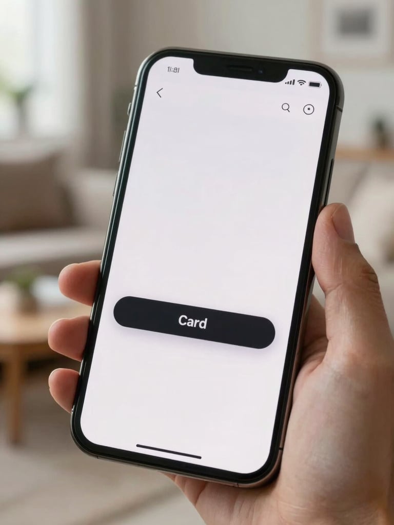 Close-up of a smartphone screen showing a clear banking app interface with a prominent block card button, held by a customer in a bright living room, high clarity, natural daylight.