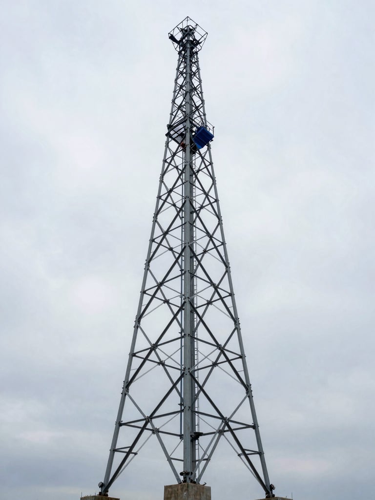 Wide environmental shot from below looking up a three-legged self-support steel lattice cell tower at full height, tower legs anchored in concrete footings at lower frame, overcast daylight sky behind, royal blue safety equipment visible on one leg, no foliage obstruction, cold steel tones dominating