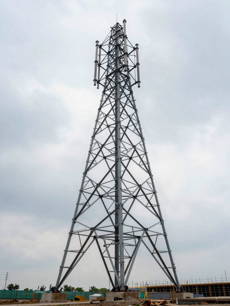 Wide environmental shot from ground level looking up at a three-legged steel cell tower under overcast daylight, structural cross-bracing and anchor bolts visible at mid-frame, open sky and construction site perimeter in the background, no workers, no text