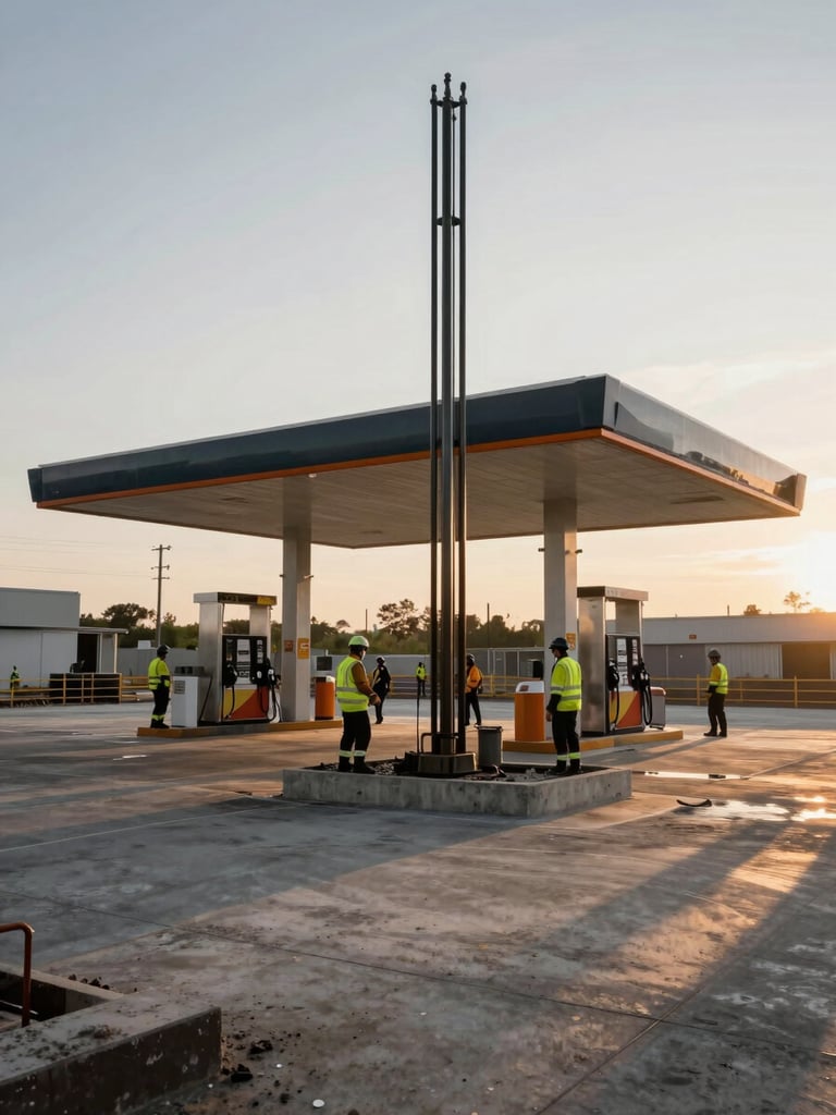 Mid-range environmental shot of a fuel station pump island under construction, concrete island bases poured and set, steel canopy columns being plumbed vertical by crew in high-visibility gear, overcast golden-hour site light casting long shadows across the forecourt, wide structural framing visible in background