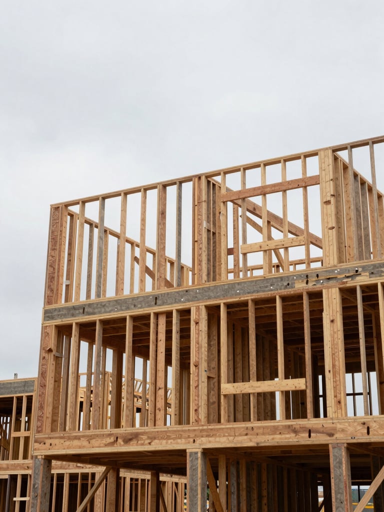 Wide environmental left-edge frame of a multi-unit residential structure mid-construction, wood framing fully erected showing floor plates and exterior wall studs, overcast daylight, low camera angle looking up at structural scale, warm grey lumber tones against a flat white sky, no workers visible — structure as subject