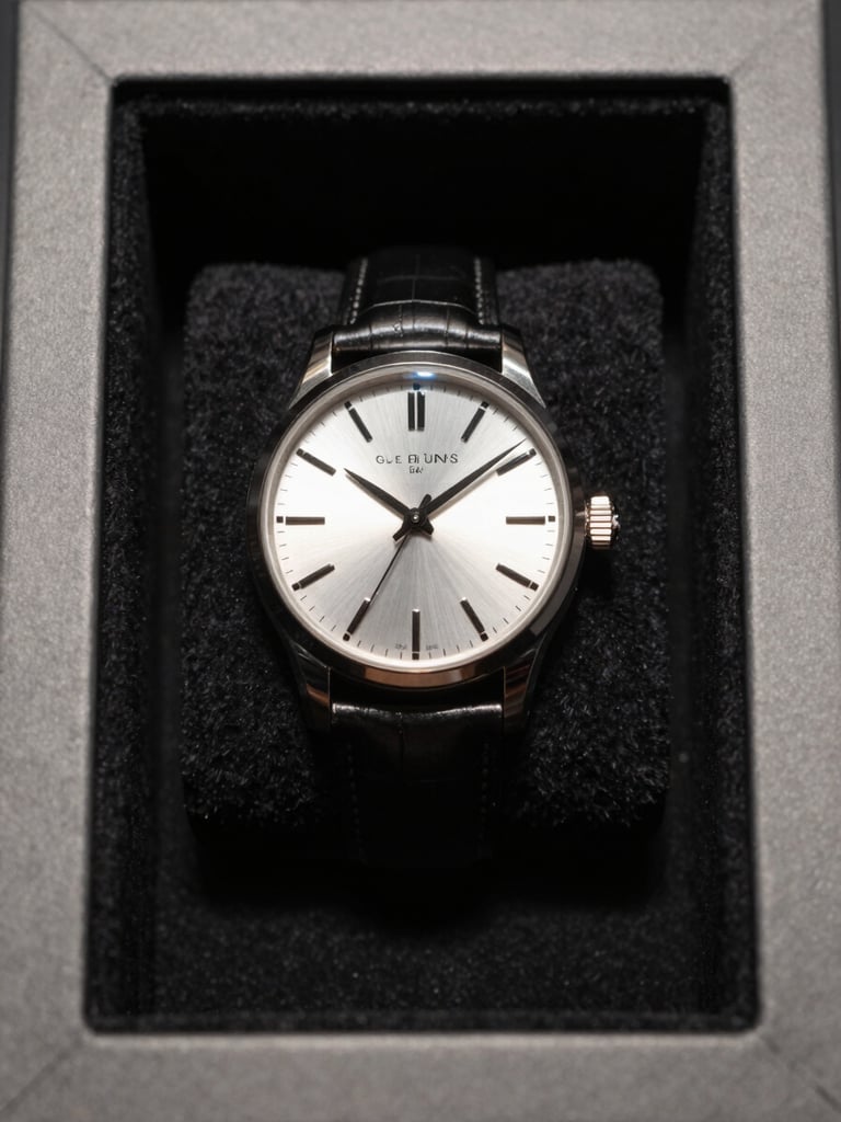 Overhead study of a luxury watch resting on a black velvet surface inside a minimal display vault, single controlled north-facing light source grazing the dial to reveal every brushed and polished surface facet, deep shadow at frame edges, no hands or faces