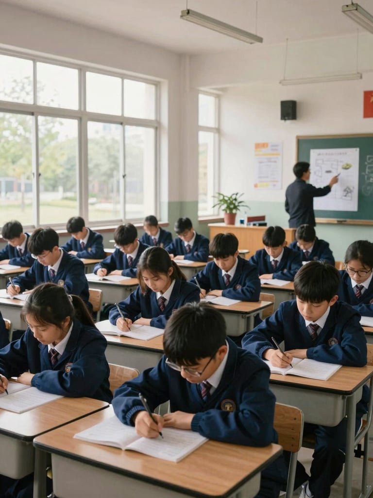 Wide environmental shot of a sunlit secondary-school classroom mid-lesson, natural daylight streaming through tall windows across rows of students bent over notebooks, a teacher standing at the board pointing to a diagram — no staged poses, real work in progress, deep blue uniform accents visible