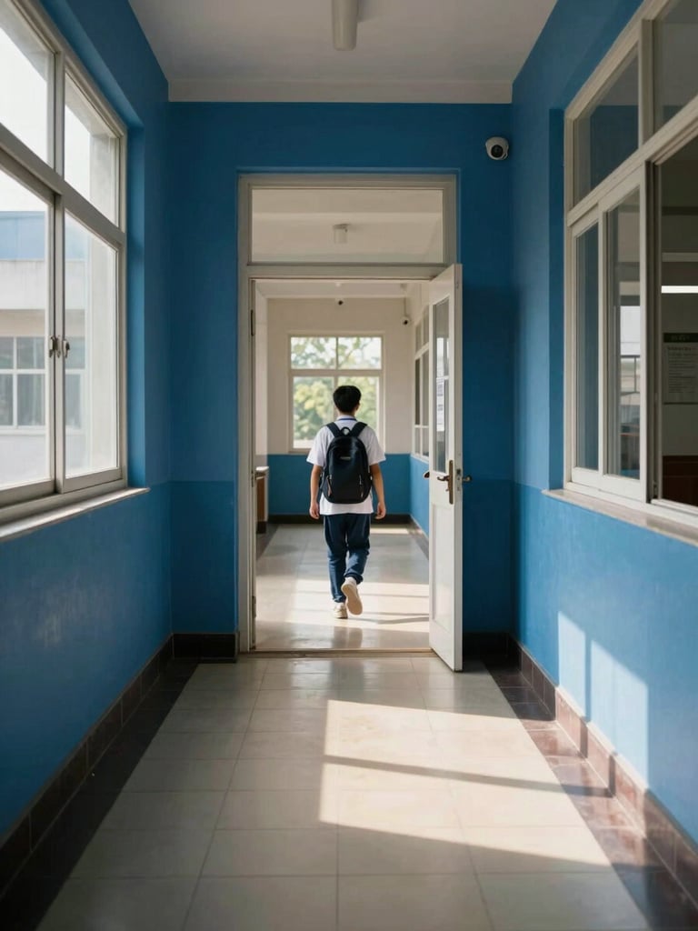 Wide environmental shot of a school entrance corridor bathed in morning window light — a student walking through an open doorway into a sunlit hallway, backpack visible, institutional deep-blue painted walls flanking the passage, no posed arrangement, natural daylight casting long soft shadows across the tiled floor