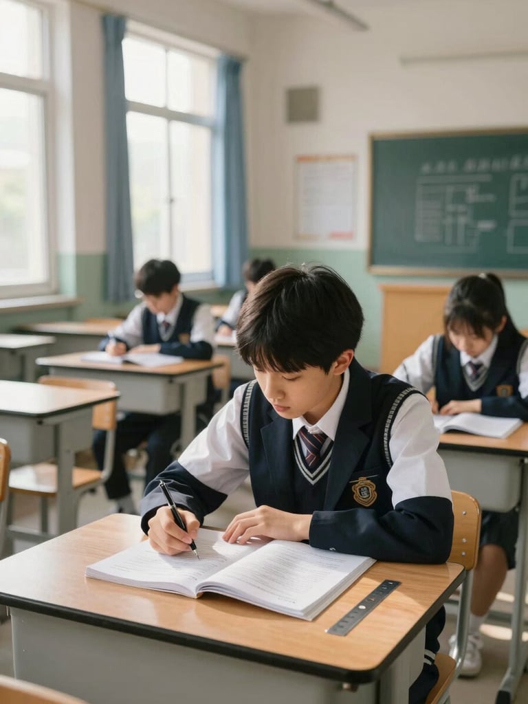 Wide environmental shot inside a secondary school classroom, natural daylight pouring through tall windows onto the left side of the frame. A student in school uniform leans over a notebook, pen in hand, mid-sentence of a written answer. The desk surface shows an open textbook and a ruler. Framing is from slightly above and to the side, showing the room context — rows of desks, a chalkboard with diagrams in soft focus behind. No staged poses, no eye contact with camera.
