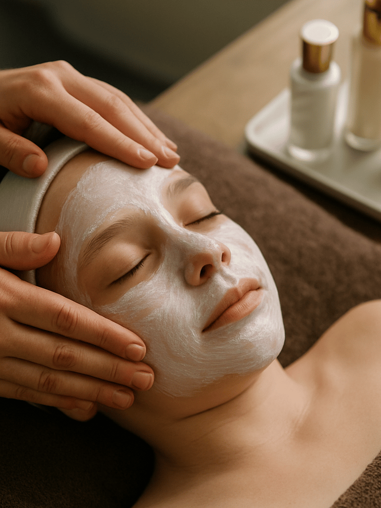 Overhead close-up of a child's face in a reclining chair, aesthetician's hands applying a soft white facial mask, natural north-facing daylight from a studio window, white-gold product bottles arranged on a tray to the upper right corner